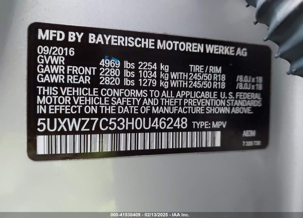 2017 BMW X3 SDRIVE28I VIN: 5UXWZ7C53H0U46248