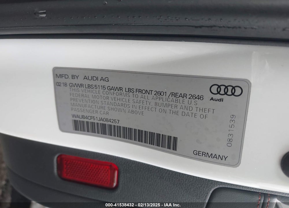 2018 AUDI S5 VIN: WAUB4CF51JA084257