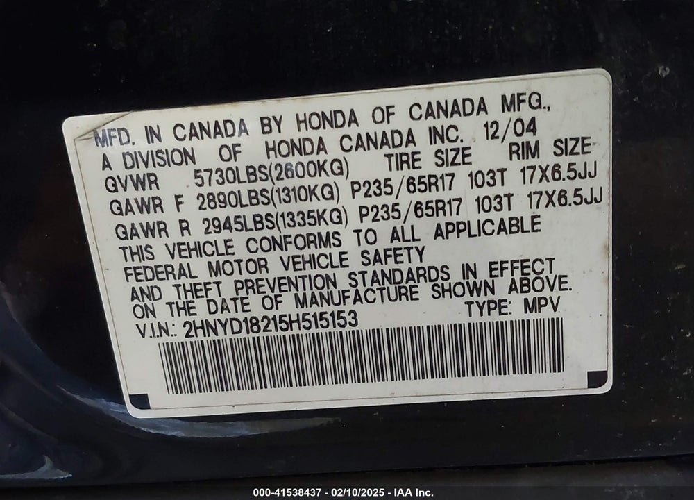 2005 ACURA MDX VIN: 2HNYD18215H515153