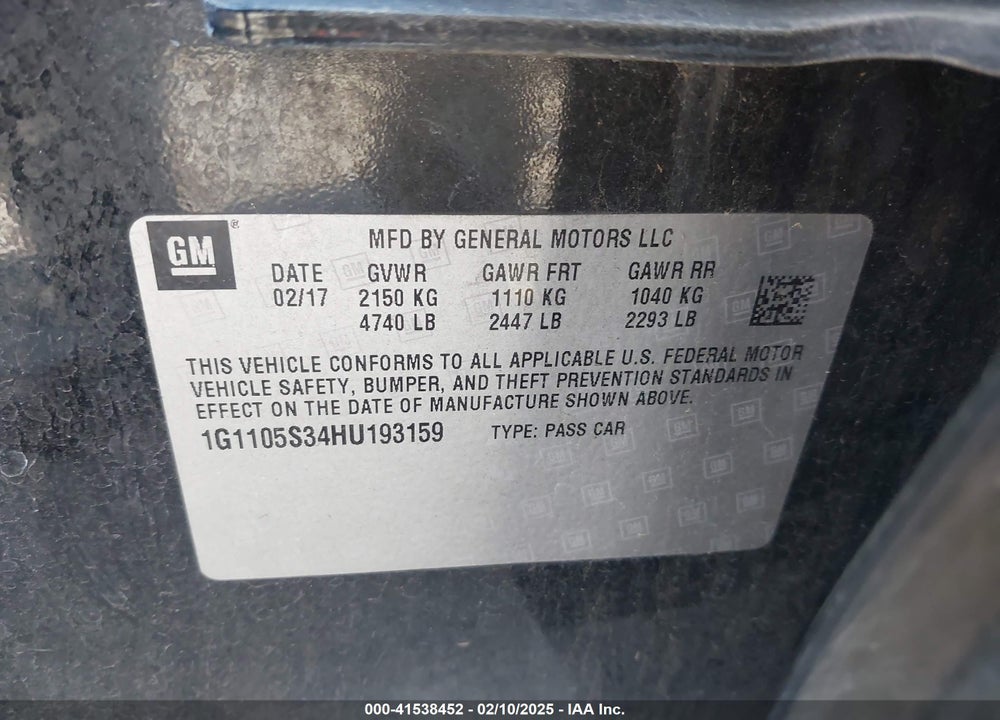 2017 CHEVROLET IMPALA 1LT VIN: 1G1105S34HU193159