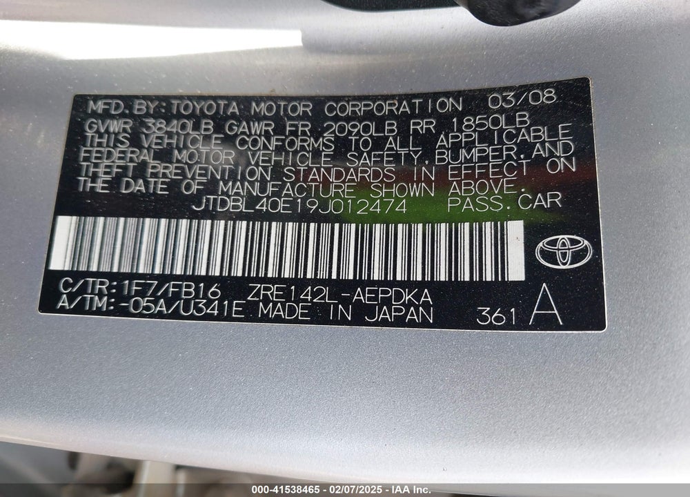 2009 TOYOTA COROLLA VIN: JTDBL40E19J012474