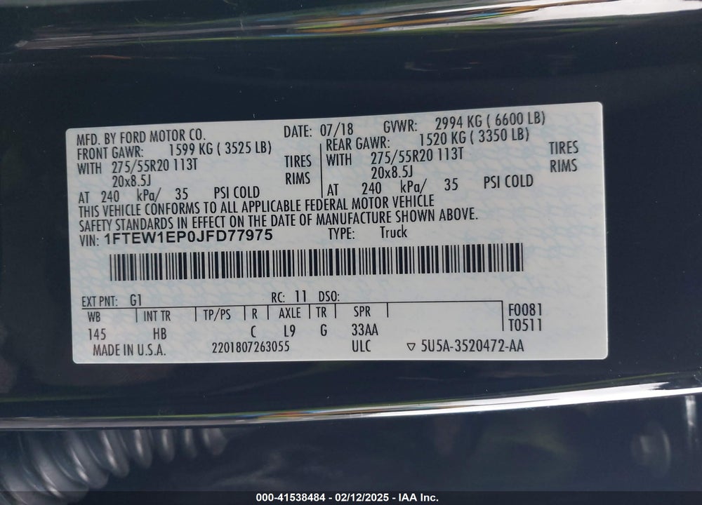 2018 FORD F-150 LARIAT VIN: 1FTEW1EP0JFD77975