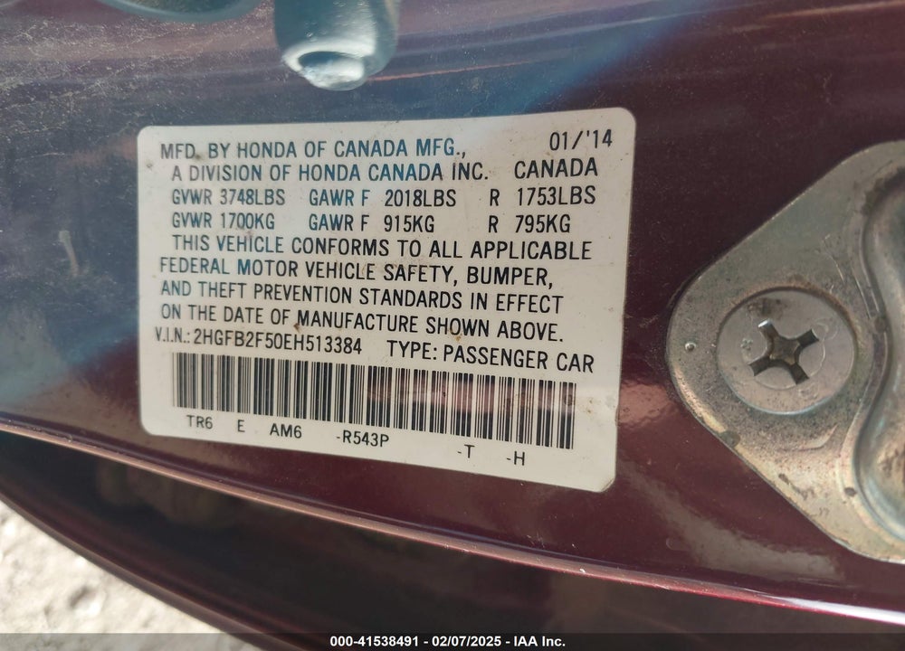 2014 HONDA CIVIC VIN: 2HGFB2F50EH513384