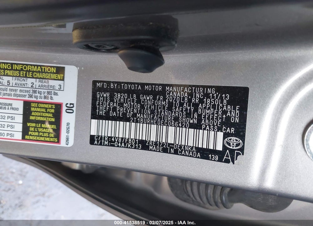 2014 TOYOTA COROLLA LE VIN: 2T1BURHE0EC066420