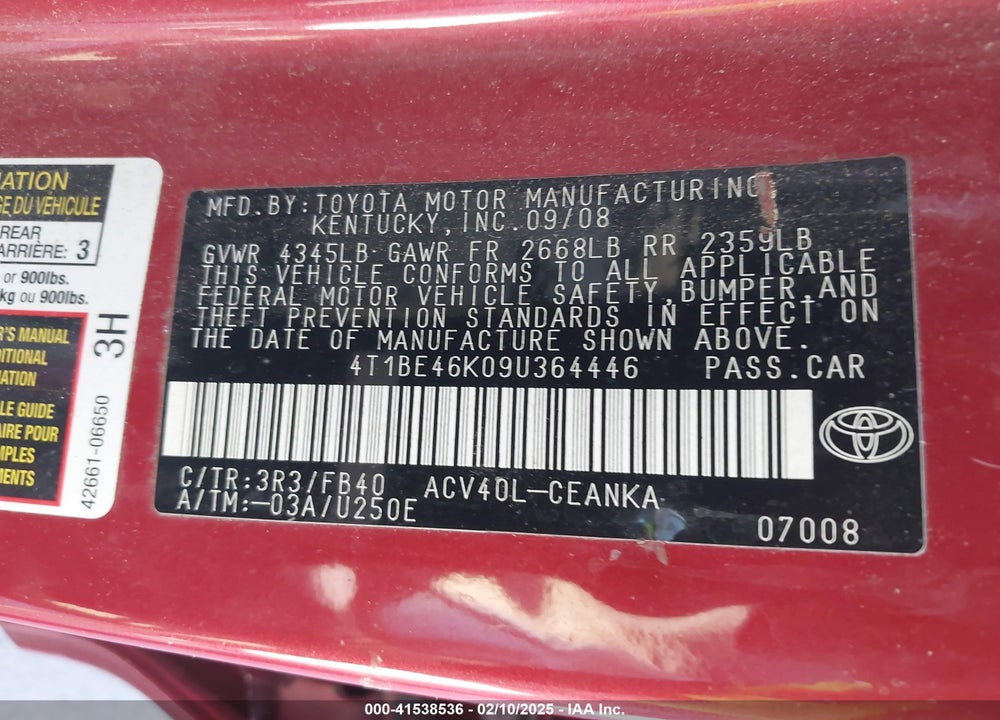 2009 TOYOTA CAMRY LE VIN: 4T1BE46K09U364446