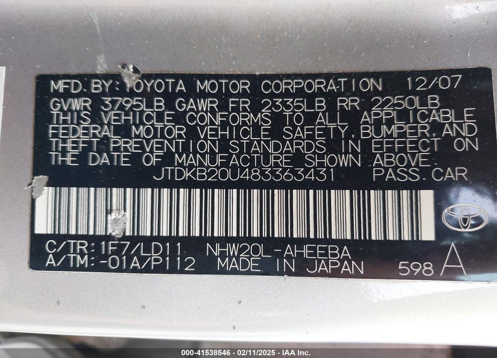 2008 TOYOTA PRIUS VIN: JTDKB20U483363431