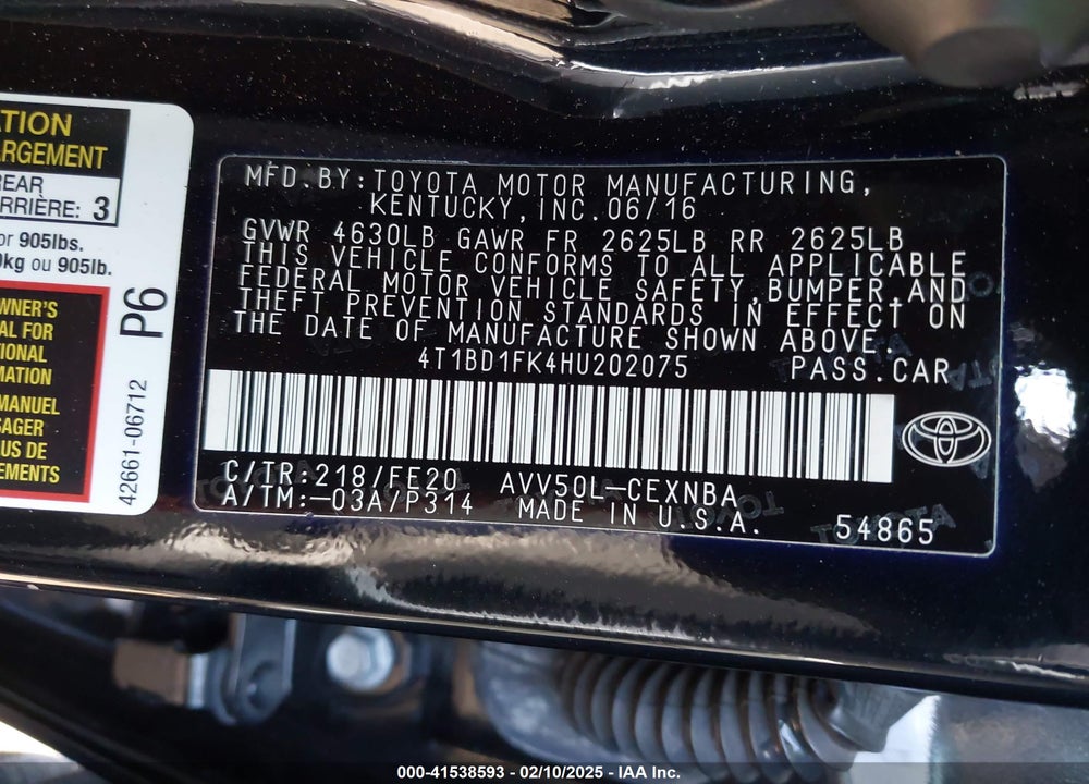 2017 TOYOTA CAMRY HYBRID LE VIN: 4T1BD1FK4HU202075