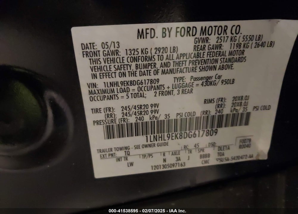 2013 LINCOLN MKS VIN: 1LNHL9EK8DG617809