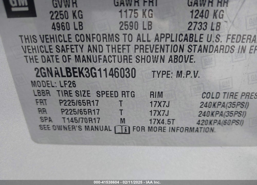 2016 CHEVROLET EQUINOX VIN: 2GNALBEK3G1146030