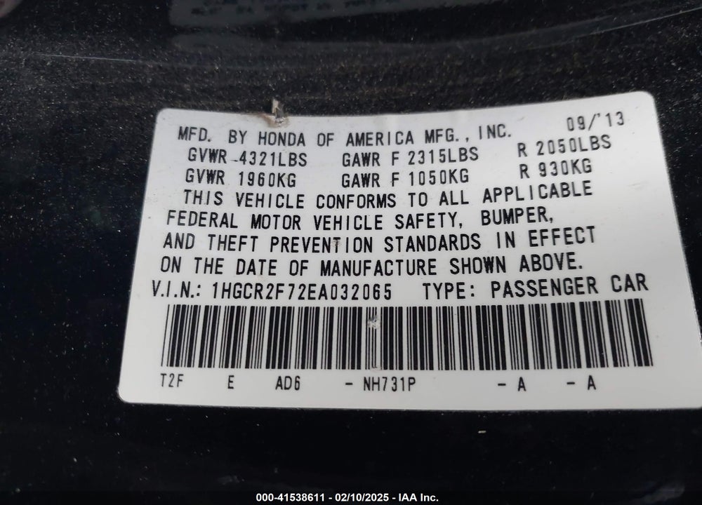 2014 HONDA ACCORD VIN: 1HGCR2F72EA032065