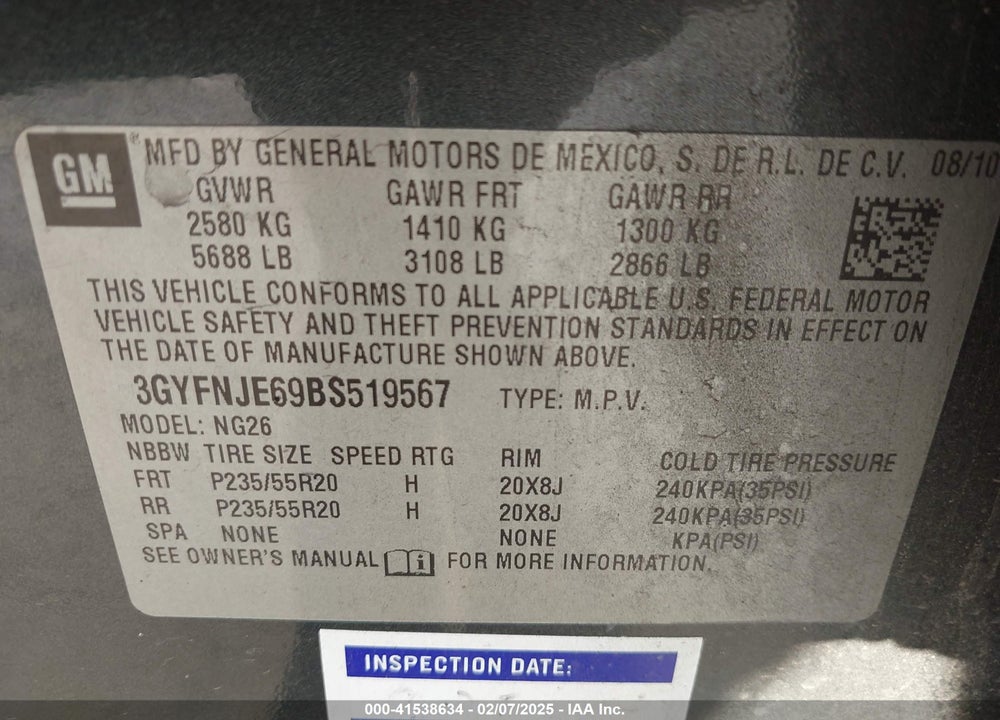 2011 CADILLAC SRX VIN: 3GYFNJE69BS519567