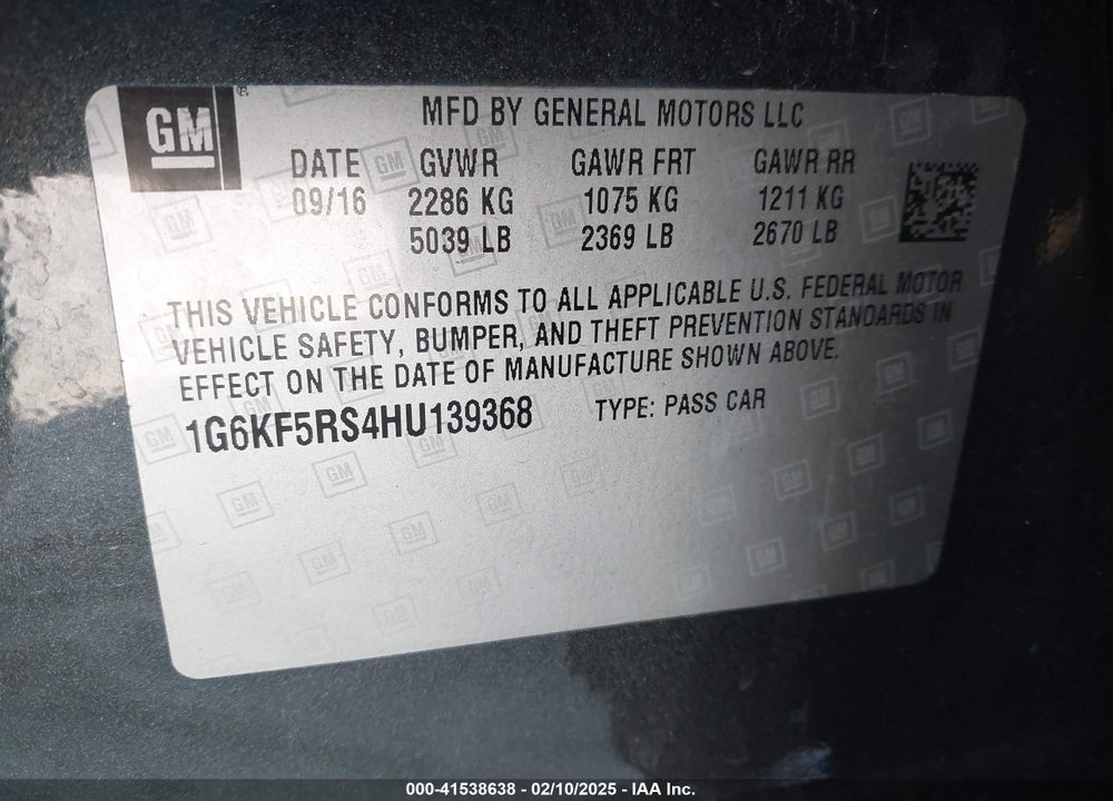 2017 CADILLAC CT6 VIN: 1G6KF5RS4HU139368