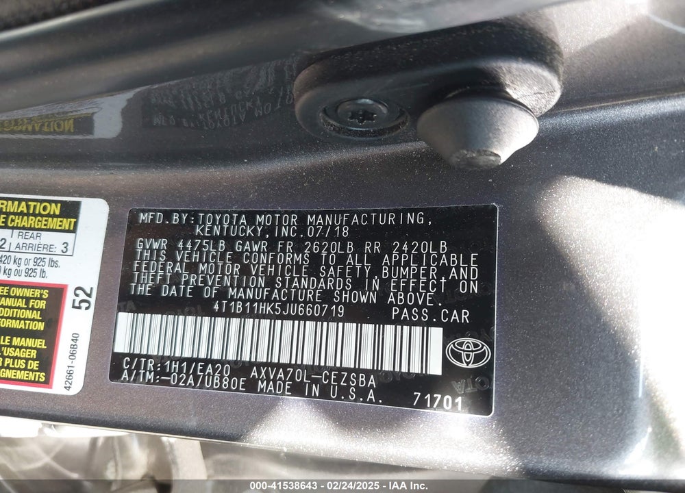 2018 TOYOTA CAMRY VIN: 4T1B11HK5JU660719