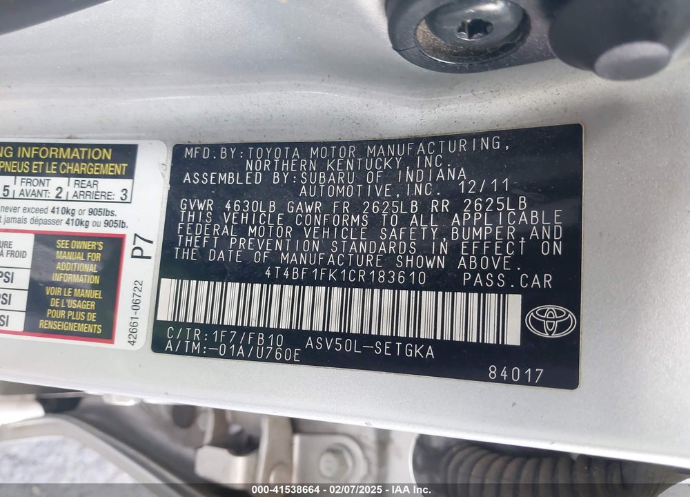 2012 TOYOTA CAMRY VIN: 4T4BF1FK1CR183610