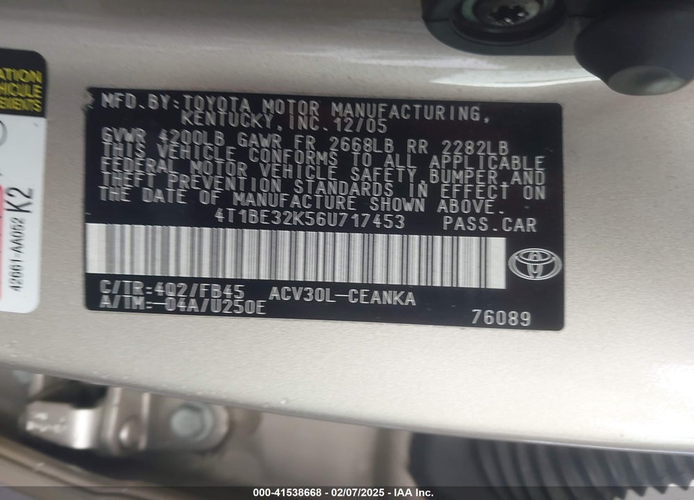 2006 TOYOTA CAMRY VIN: 4T1BE32K56U717453