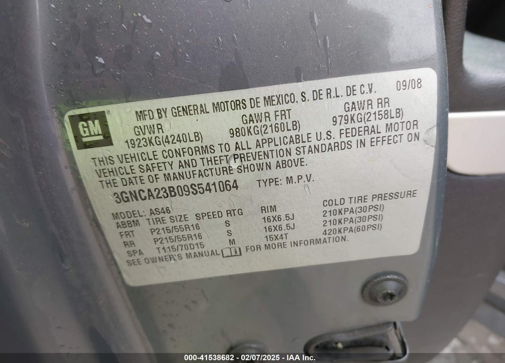 2009 CHEVROLET HHR VIN: 3GNCA23B09S541064