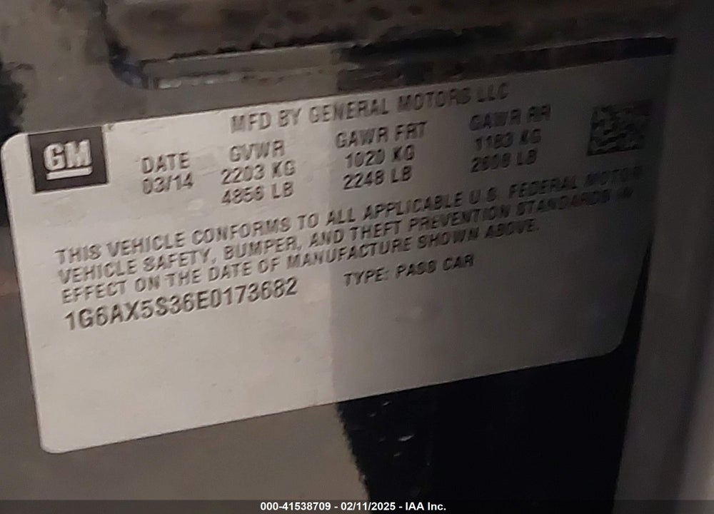 2014 CADILLAC CTS VIN: 1G6AX5S36E0173682