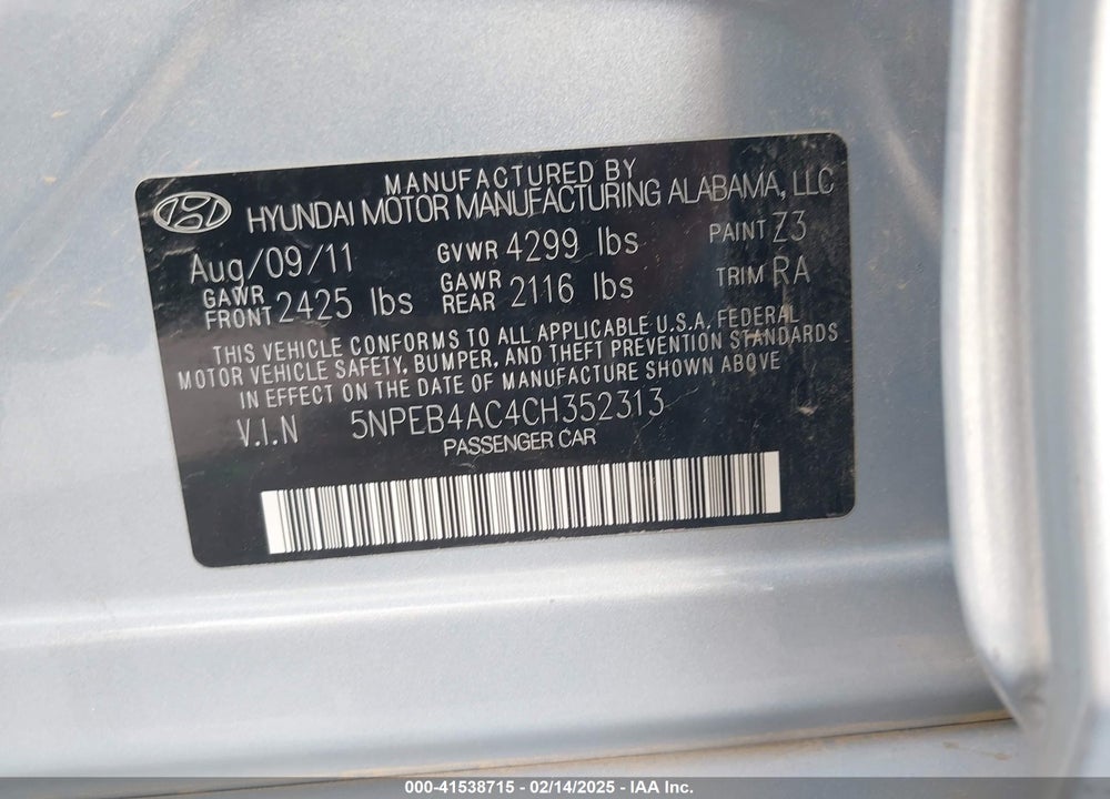 2012 HYUNDAI SONATA GLS VIN: 5NPEB4AC4CH352313
