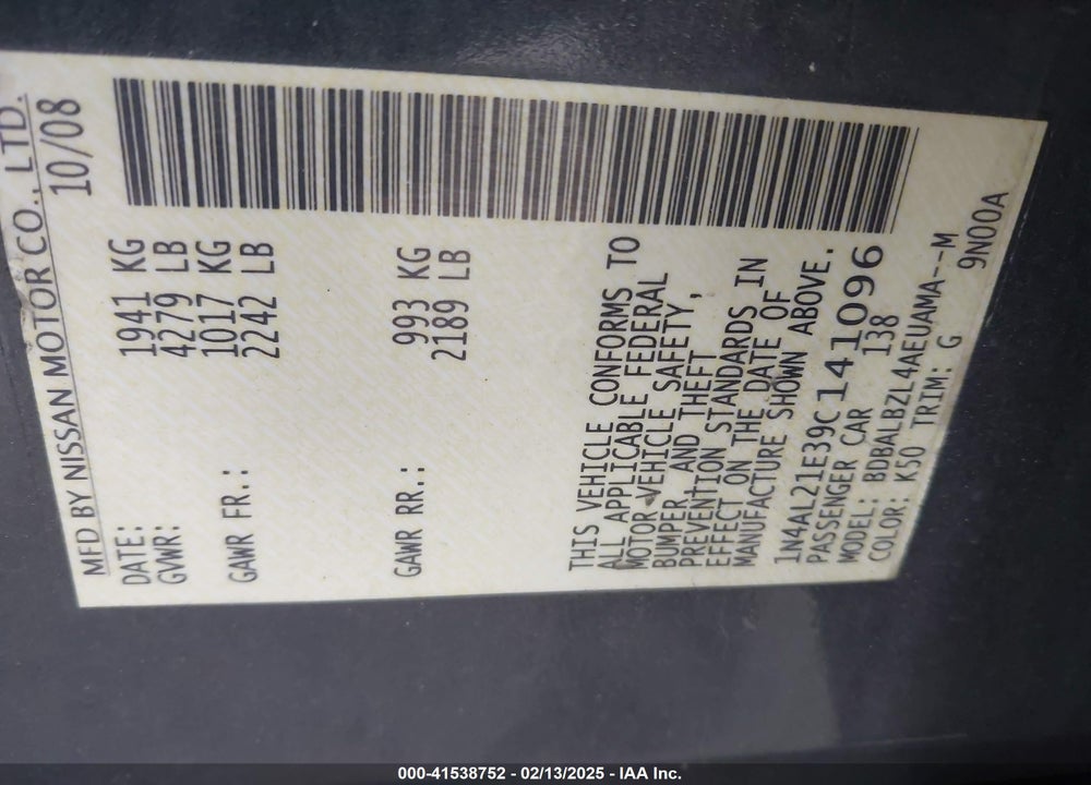 2009 NISSAN ALTIMA 2.5 S VIN: 1N4AL21E39C141096