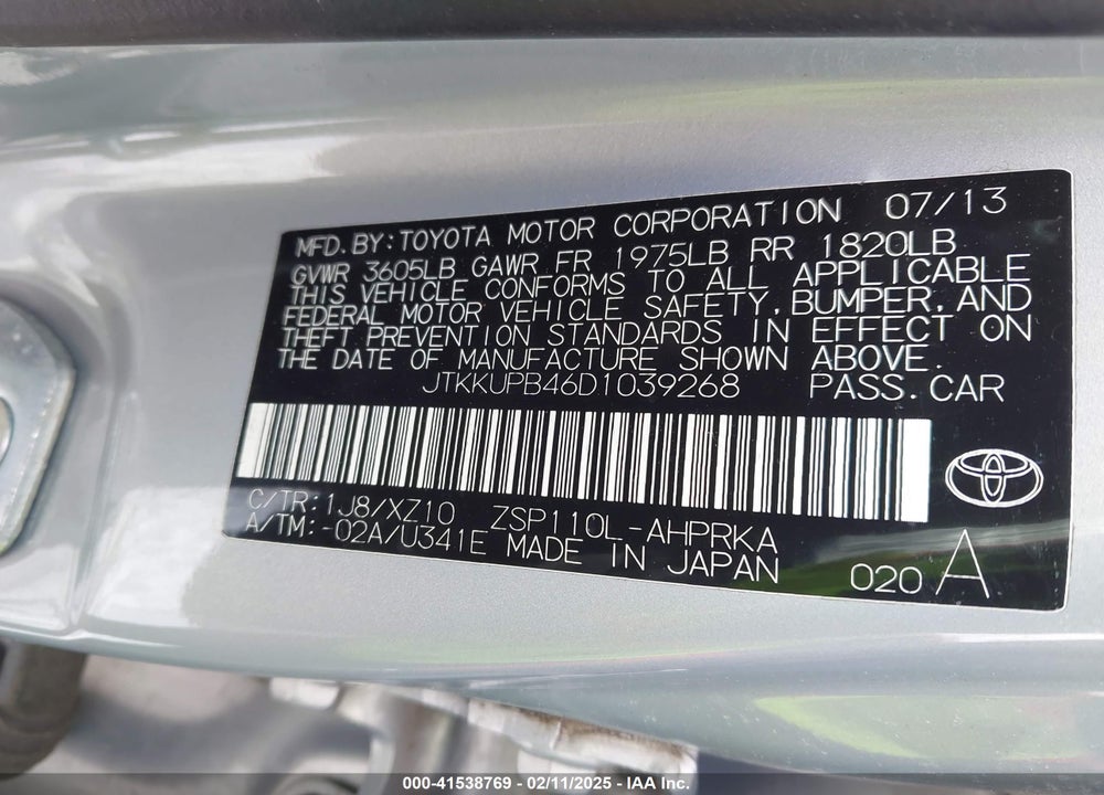 2013 SCION XD 10 SERIES VIN: JTKKUPB46D1039268