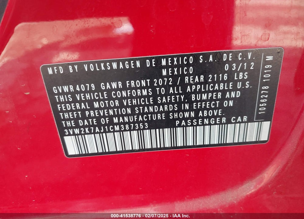 2012 VOLKSWAGEN JETTA VIN: 3VW2K7AJ1CM387353