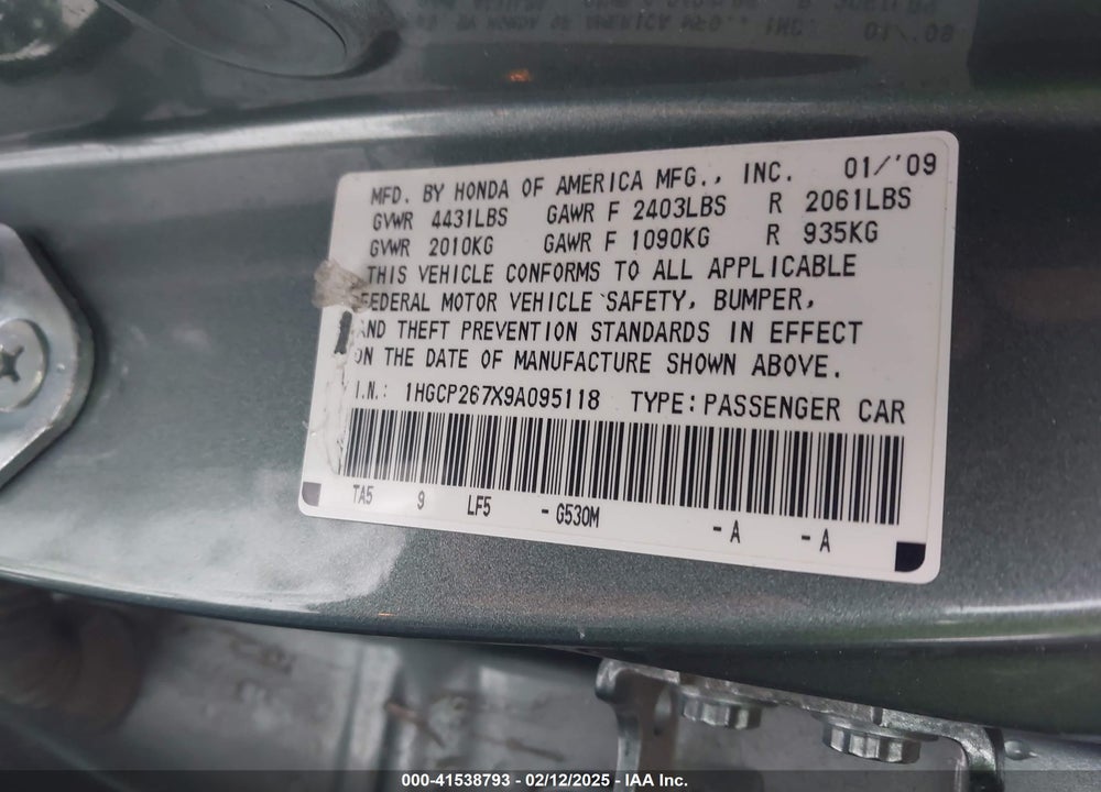 2009 HONDA ACCORD 2.4 EX VIN: 1HGCP267X9A095118