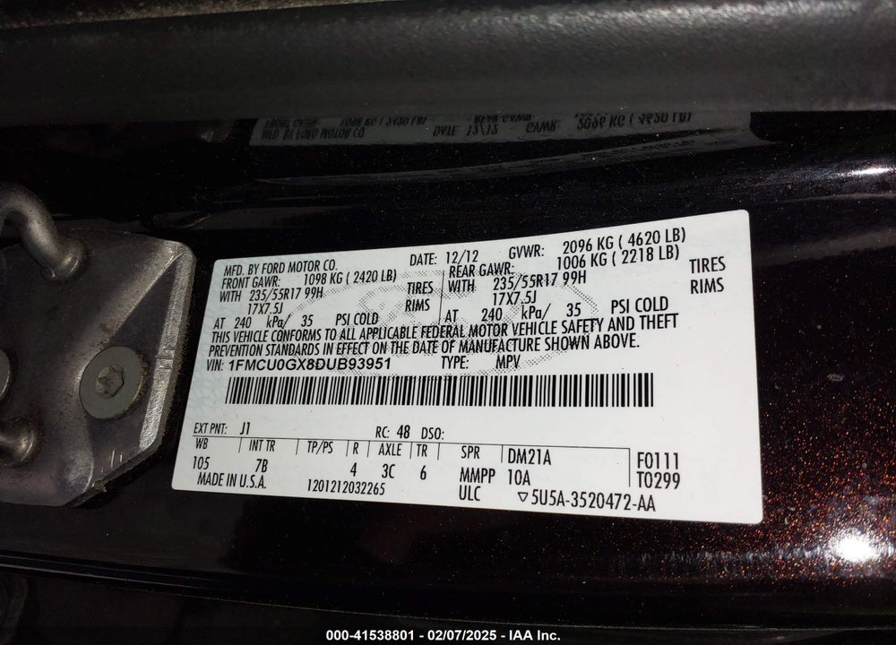 2013 FORD ESCAPE VIN: 1FMCU0GX8DUB93951