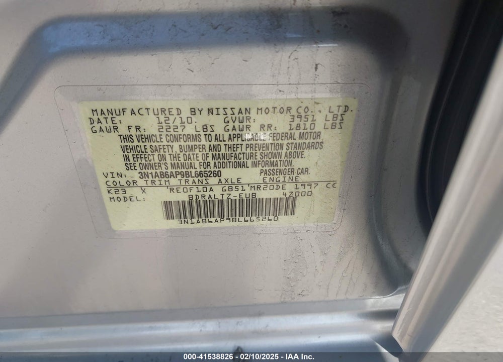 2011 NISSAN SENTRA VIN: 3N1AB6AP9BL665260