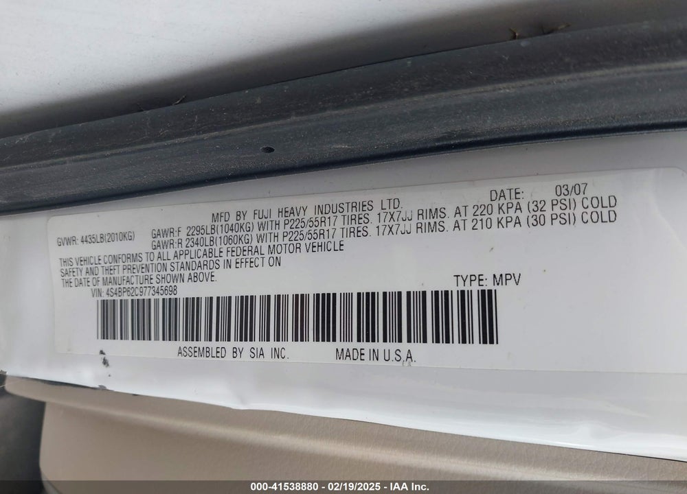 2007 SUBARU LEGACY VIN: 4S4BP62C977345698