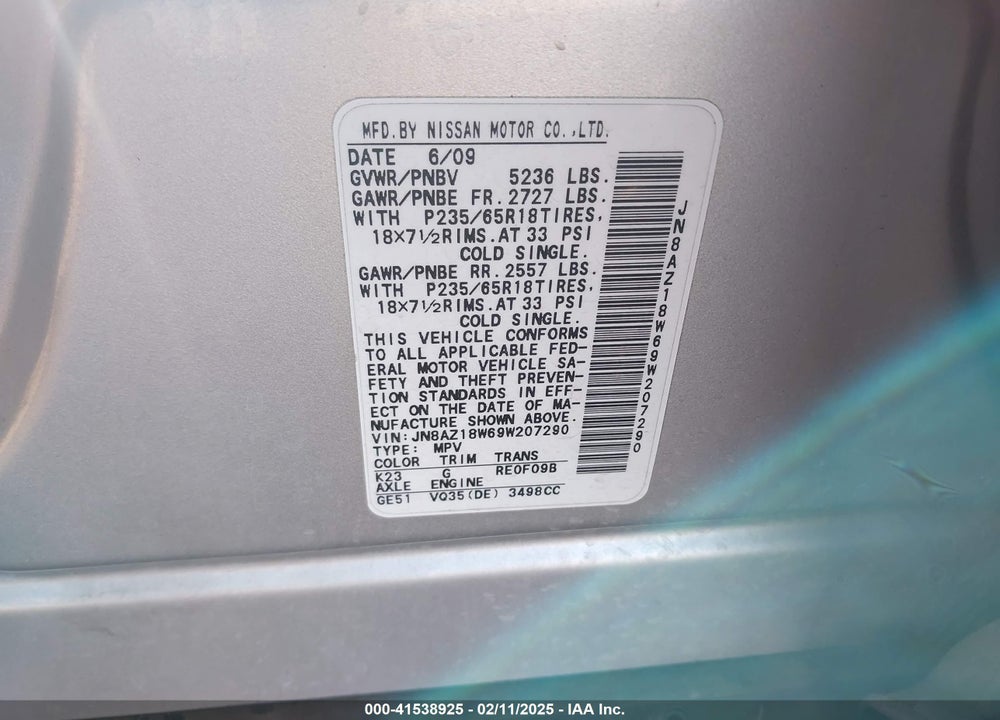 2009 NISSAN MURANO SL VIN: JN8AZ18W69W207290