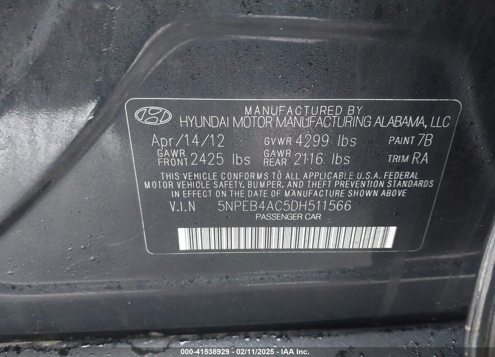 2013 HYUNDAI SONATA VIN: 5NPEB4AC5DH511566