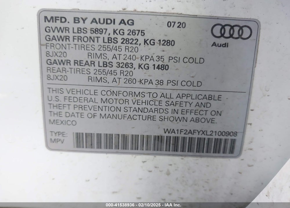 2020 AUDI Q5 VIN: WA1F2AFYXL2100908
