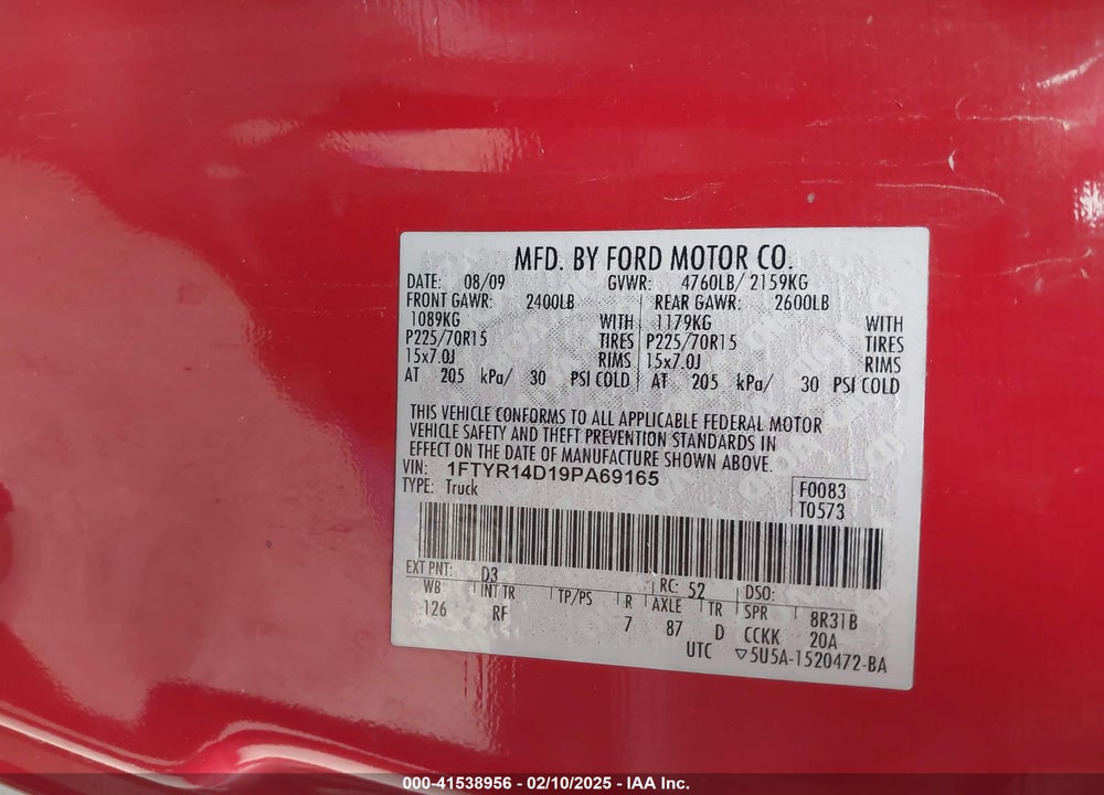 2009 FORD RANGER XL/XLT VIN: 1FTYR14D19PA69165