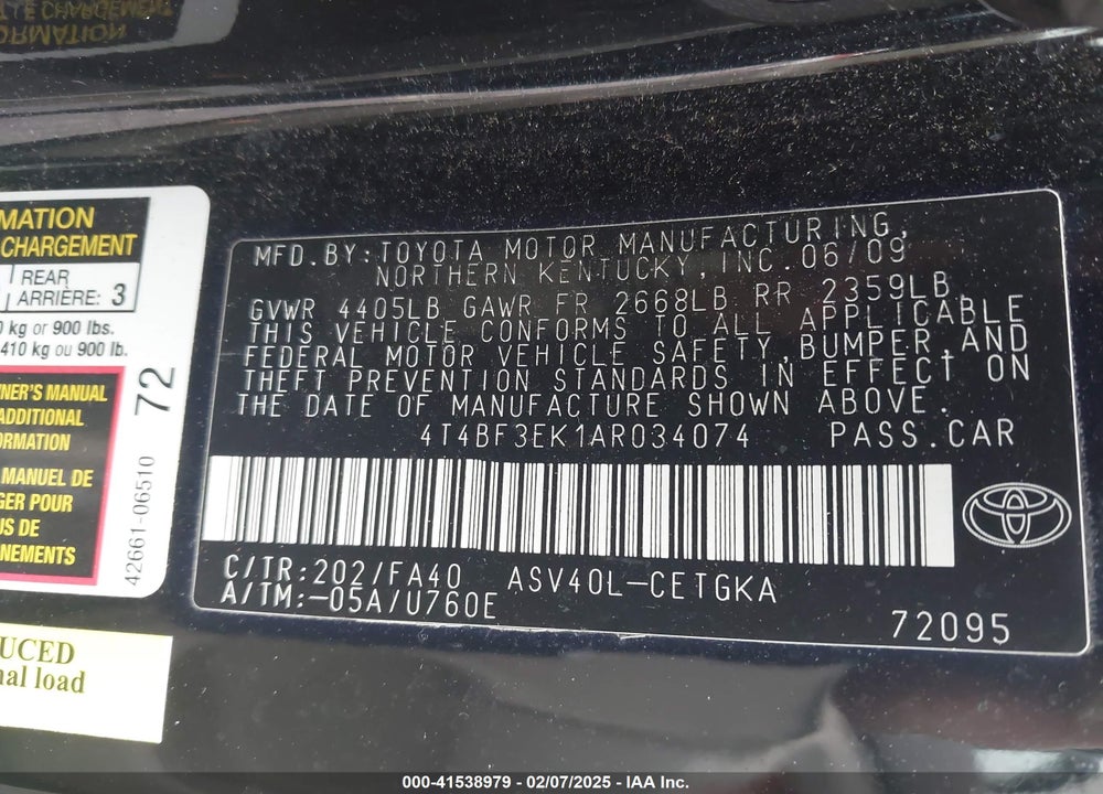 2010 TOYOTA CAMRY XLE VIN: 4T4BF3EK1AR034074