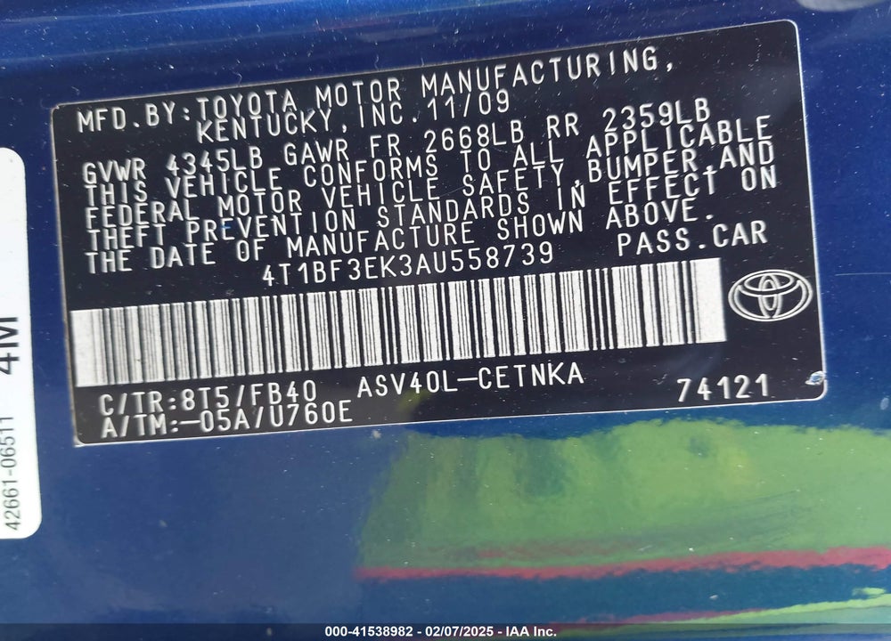 2010 TOYOTA CAMRY VIN: 4T1BF3EK3AU558739