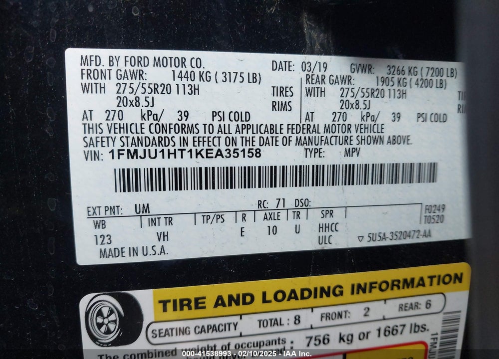 2019 FORD EXPEDITION VIN: 1FMJU1HT1KEA35158