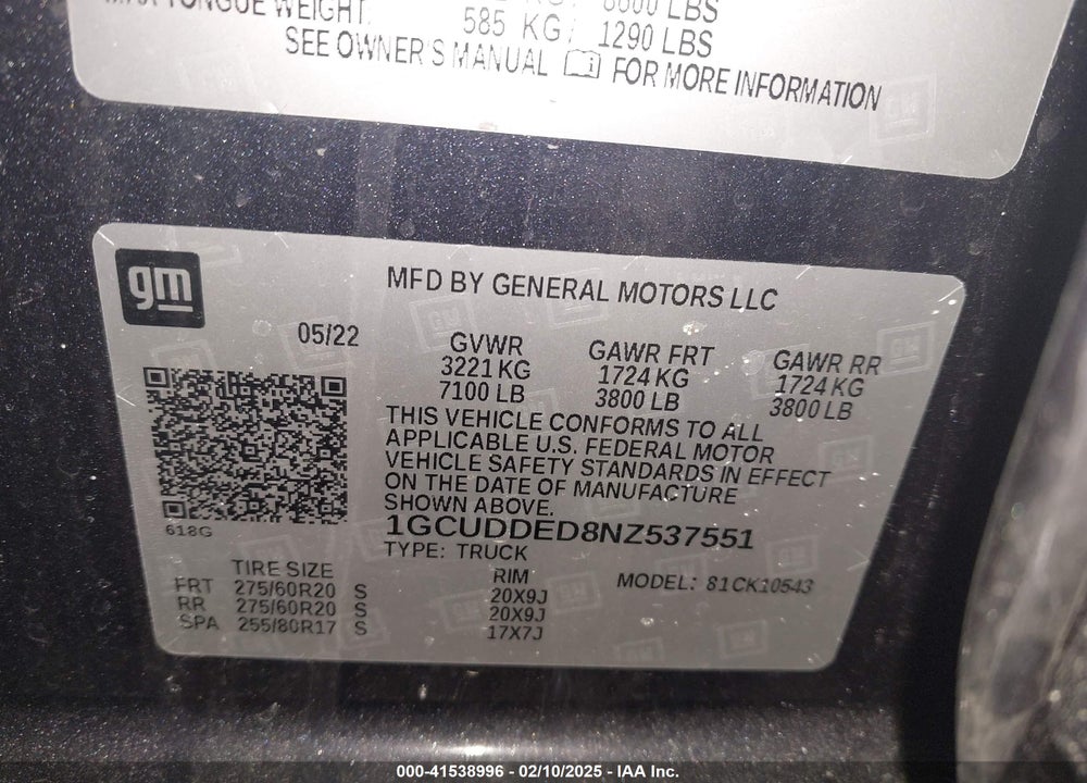 2022 CHEVROLET SILVERADO VIN: 1GCUDDED8NZ537551