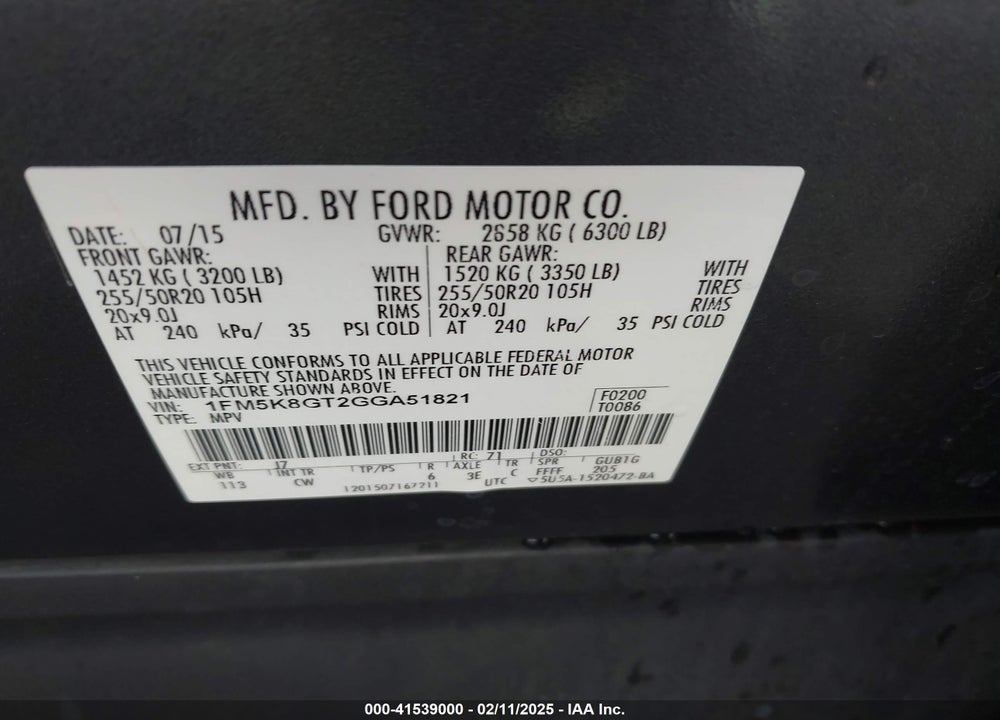 2016 FORD EXPLORER SPORT VIN: 1FM5K8GT2GGA51821