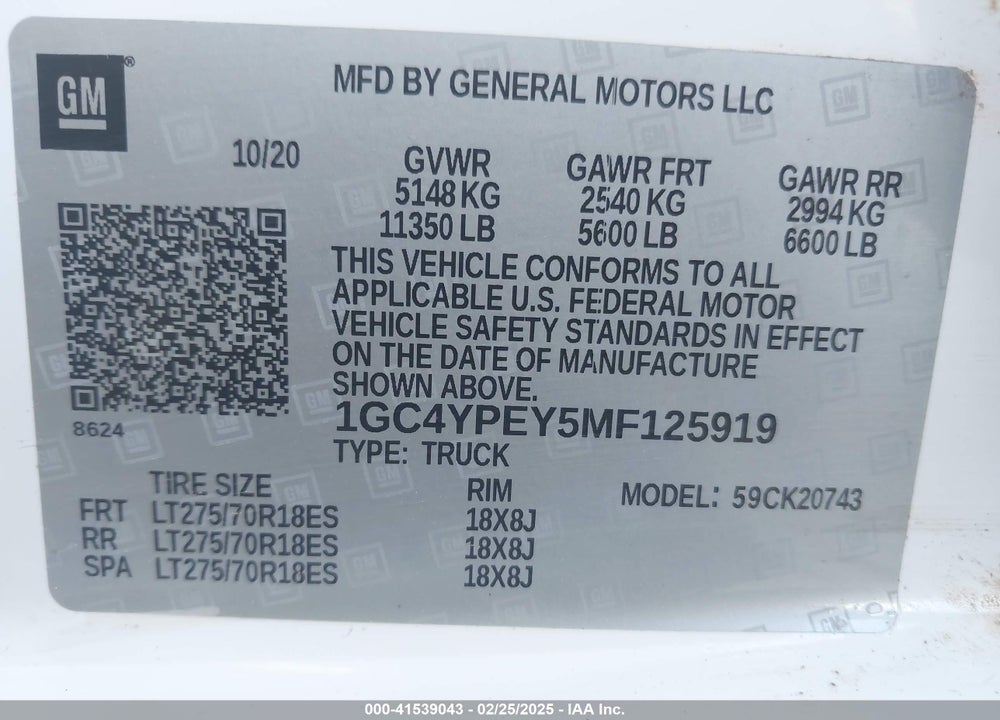 2021 CHEVROLET SILVERADO 2500HD 4WD STANDARD BED LTZ VIN: 1GC4YPEY5MF125919