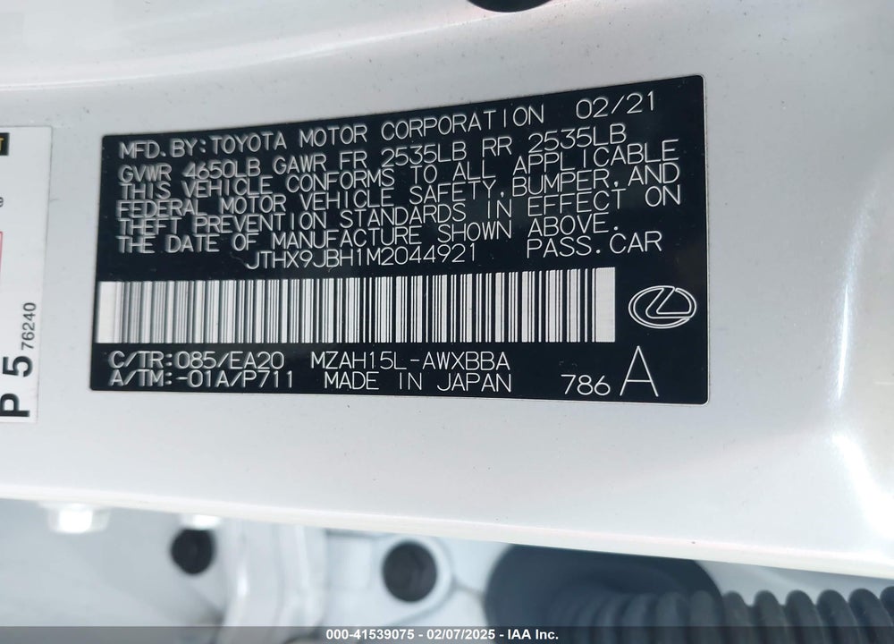 2021 LEXUS UX 250H VIN: JTHX9JBH1M2044921