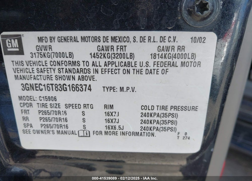 2003 CHEVROLET SUBURBAN 1500 LS VIN: 3GNEC16T83G166374