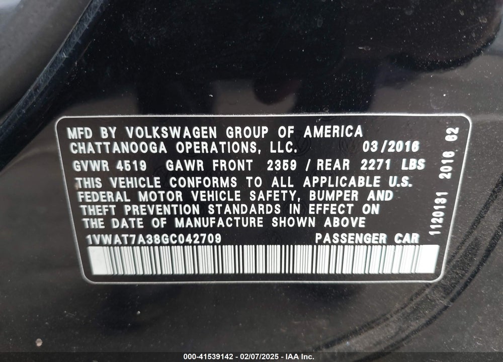 2016 VOLKSWAGEN PASSAT VIN: 1VWAT7A38GC042709