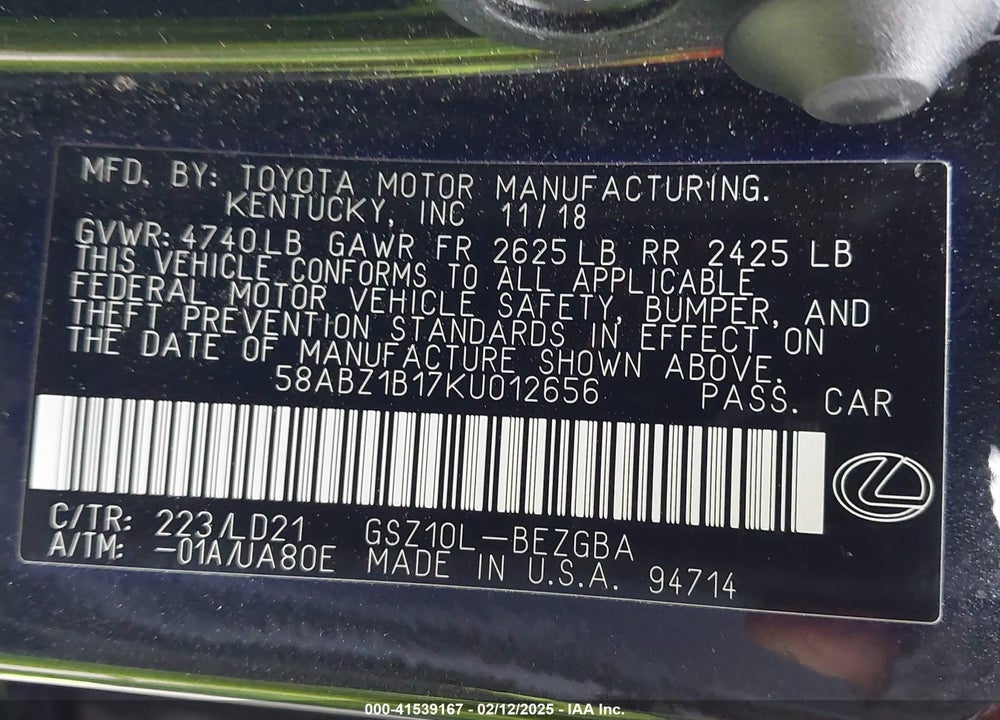2019 LEXUS ES 350 VIN: 58ABZ1B17KU012656