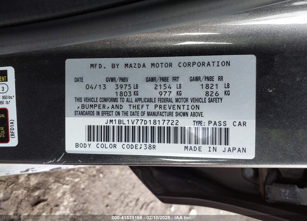 2013 MAZDA 3 I TOURING VIN: JM1BL1V77D1817722
