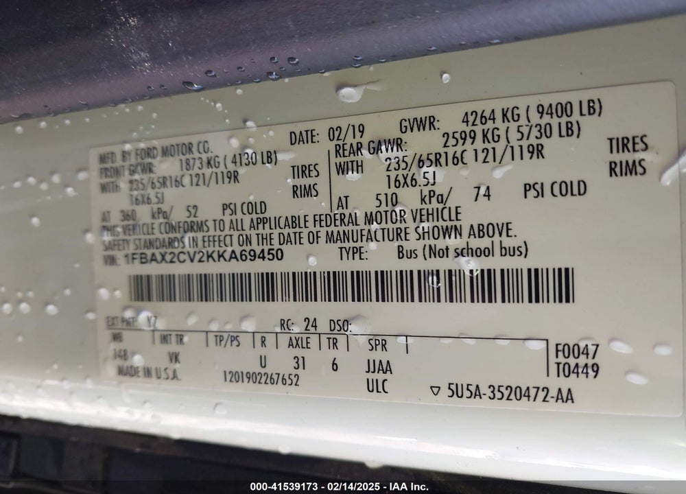 2019 FORD TRANSIT-350 XL VIN: 1FBAX2CV2KKA69450
