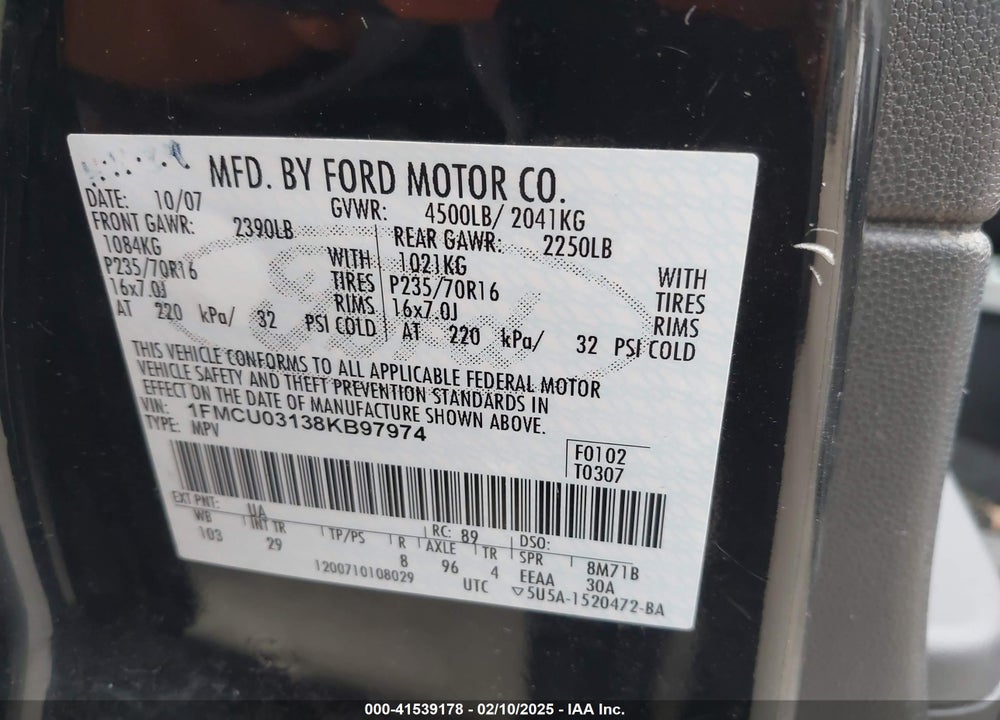 2008 FORD ESCAPE XLT VIN: 1FMCU03138KB97974