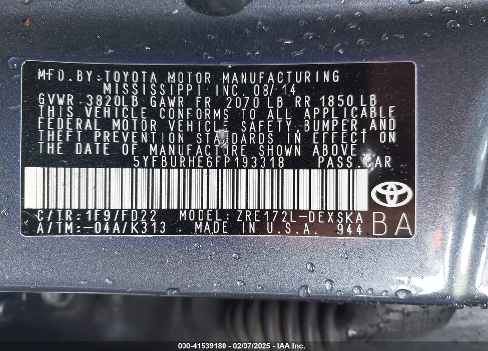 2015 TOYOTA COROLLA VIN: 5YFBURHE6FP193318