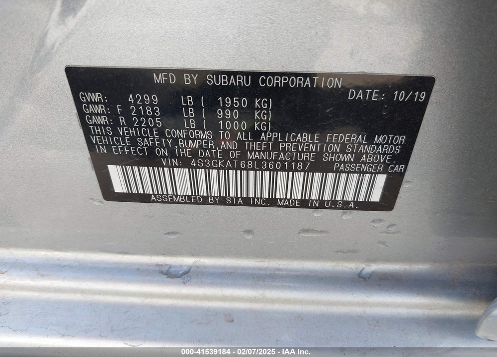2020 SUBARU IMPREZA LIMITED VIN: 4S3GKAT68L3601187
