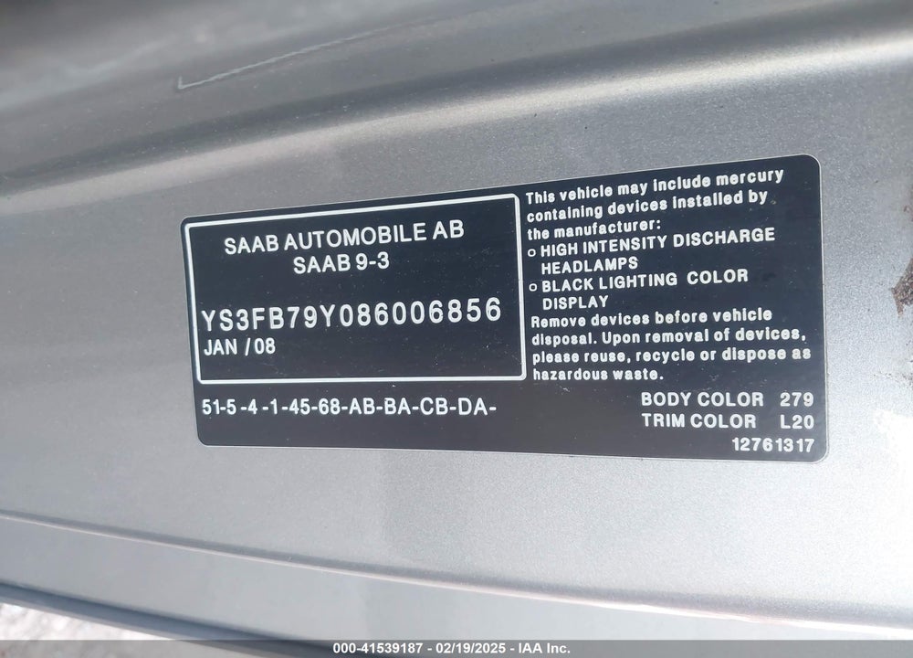 2008 SAAB 9-3 2.0T VIN: YS3FB79Y086006856