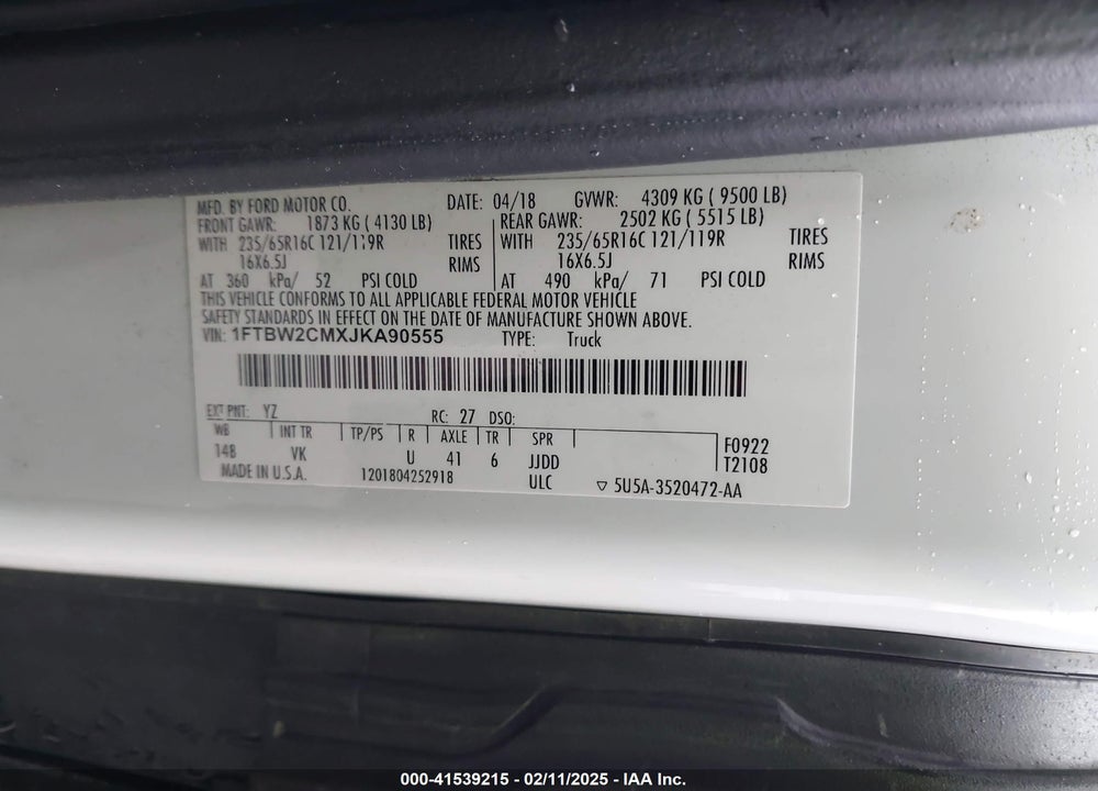 2018 FORD TRANSIT-350 VIN: 1FTBW2CMXJKA90555